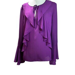 INC International Concepts Ruffle Front Long Sleeve Blouse Purple Size M